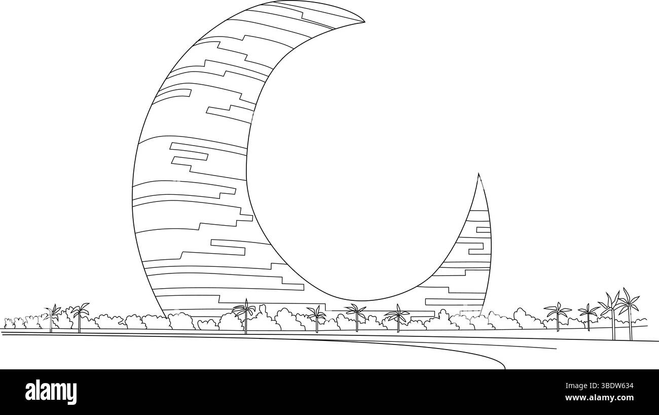 Einfache schwarz-weiße Strichzeichnung Illustration des ikonischen Mondsichelturms, ein einzigartiges architektonisches Design in Dubai, Vereinigte Arabische Emirate, mit Stock Vektor