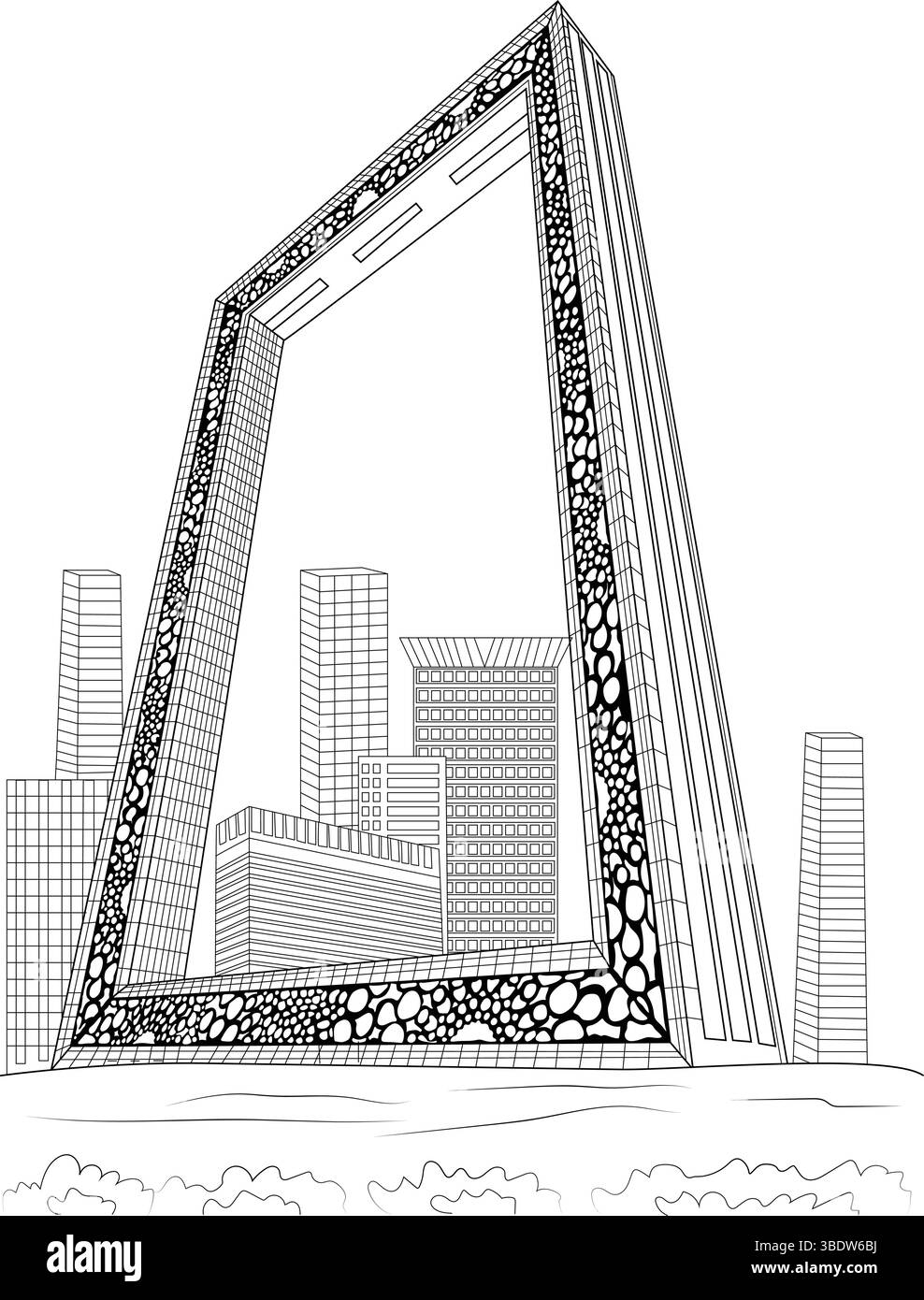 Schwarz-weiße Strichgrafik, die das ikonische Dubai Frame Wahrzeichen vor dem Hintergrund moderner Stadtgebäude darstellt. Stock Vektor
