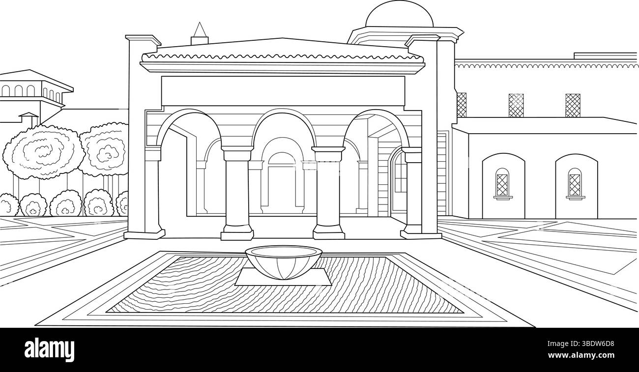 Detaillierte Schwarzweiß-Strichgrafik, die die Architektur des Dubai Polo and Equestrian Club einfängt. Die Zeichnung weist hervorstehende Bögen auf Stock Vektor