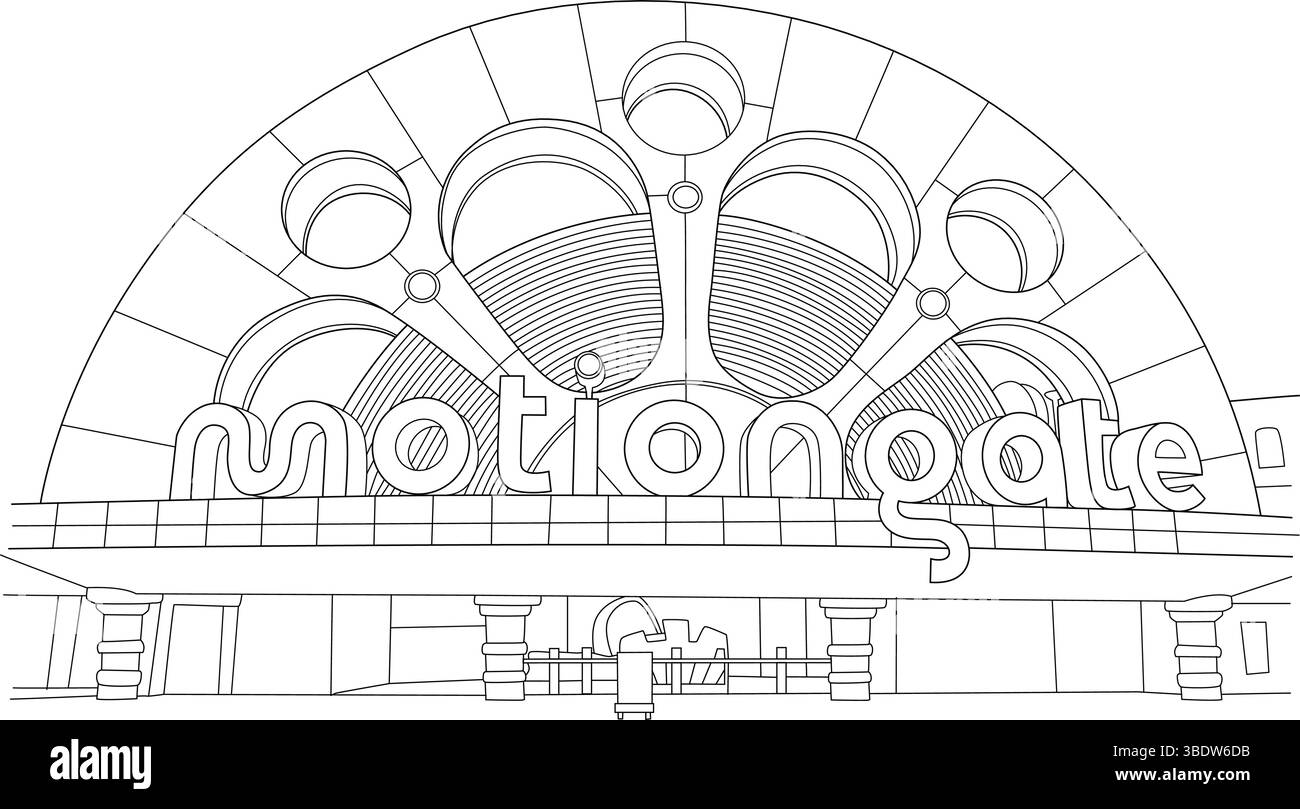 Strichzeichnung Illustration des ikonischen Motiongate Dubai Themenparks Eingangstor und Schild. Perfekt für Reise-, Tourismus- und Freizeitgestaltung Stock Vektor