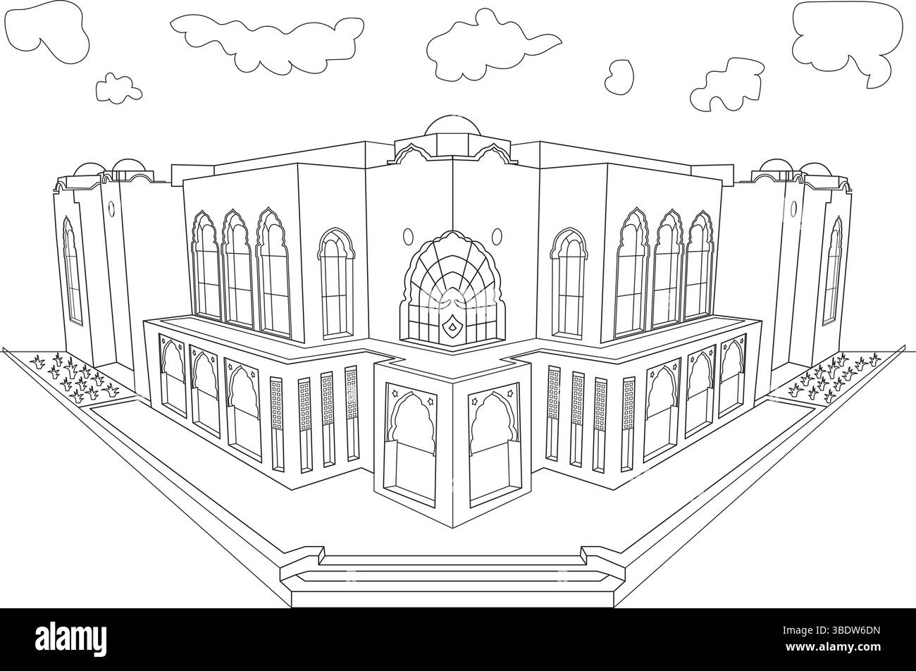 Schwarz-weiße Umrisszeichnung des Guru Nanak Darbar Sikh Tempels in Dubai, VAE. Minimalistische Vektorskizze. Stock Vektor