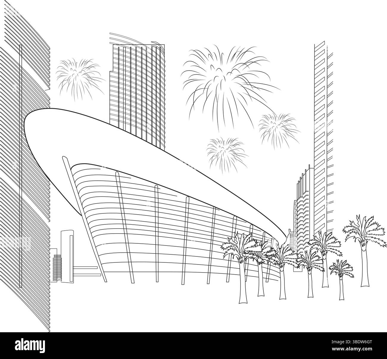Schwarz-weiße Strichzeichnung Illustration des ikonischen Gebäudes der Dubai Opera mit Wolkenkratzern, Palmen und festlichem Feuerwerk im Hintergrund Stock Vektor