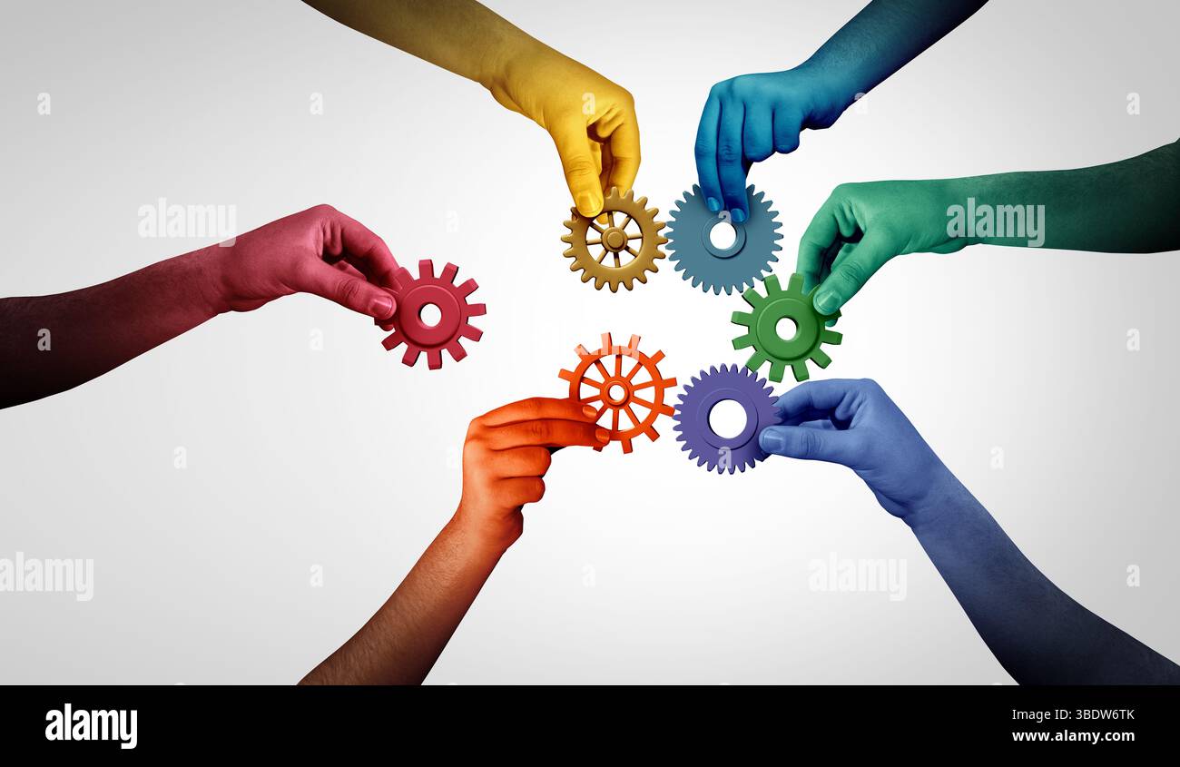 Teamkonzept oder Idee der Einheit und Teamarbeit als Geschäftsmetapher für Partnerschaften als vielfältige, miteinander verbundene Personen Stockfoto