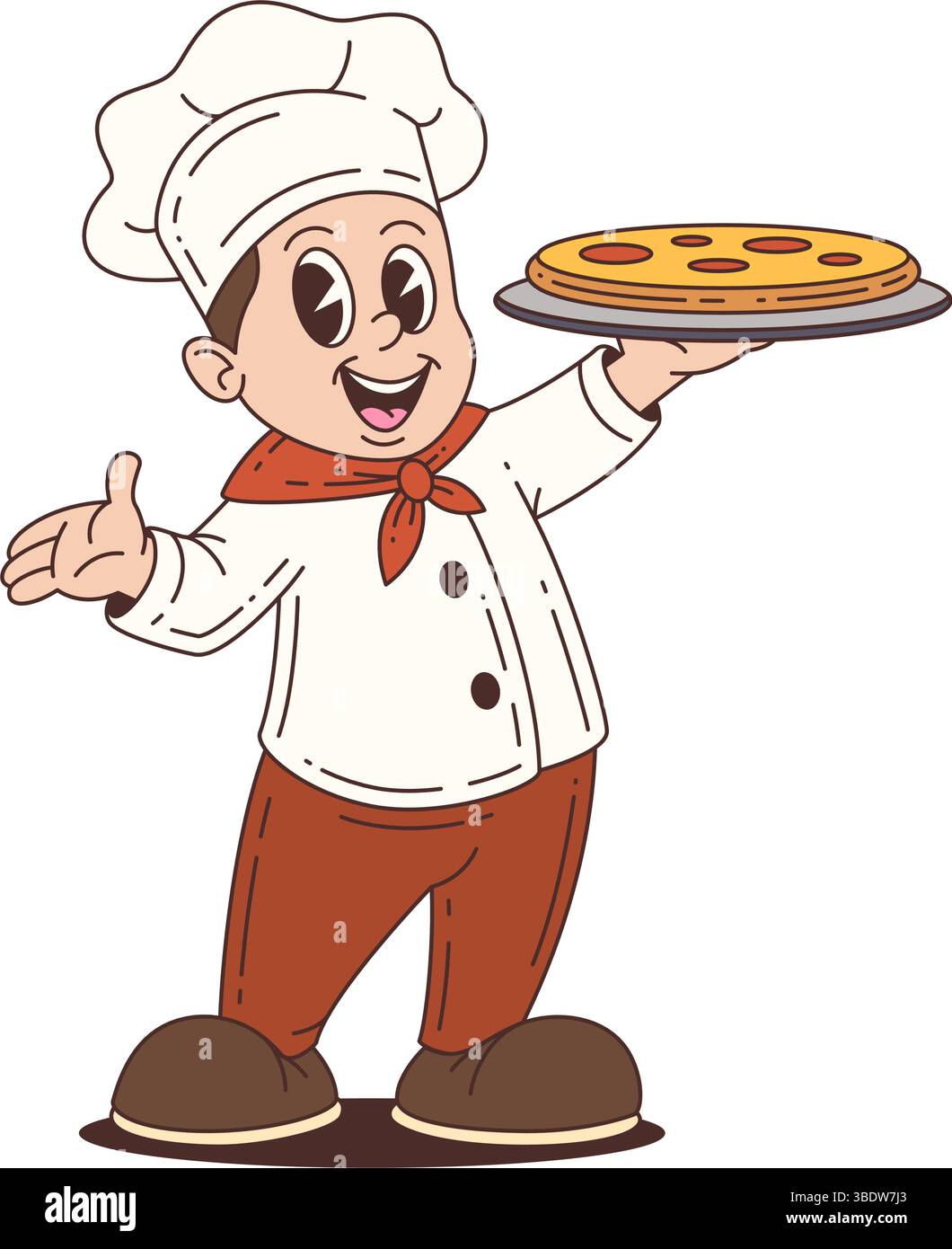 Küchenmaskottchen in weißer Uniform mit rotem Schal, der eine Pizza hält und lächelnd ist, perfekt für Food Branding oder Restaurant-Identität. Vektorabbildung Stock Vektor