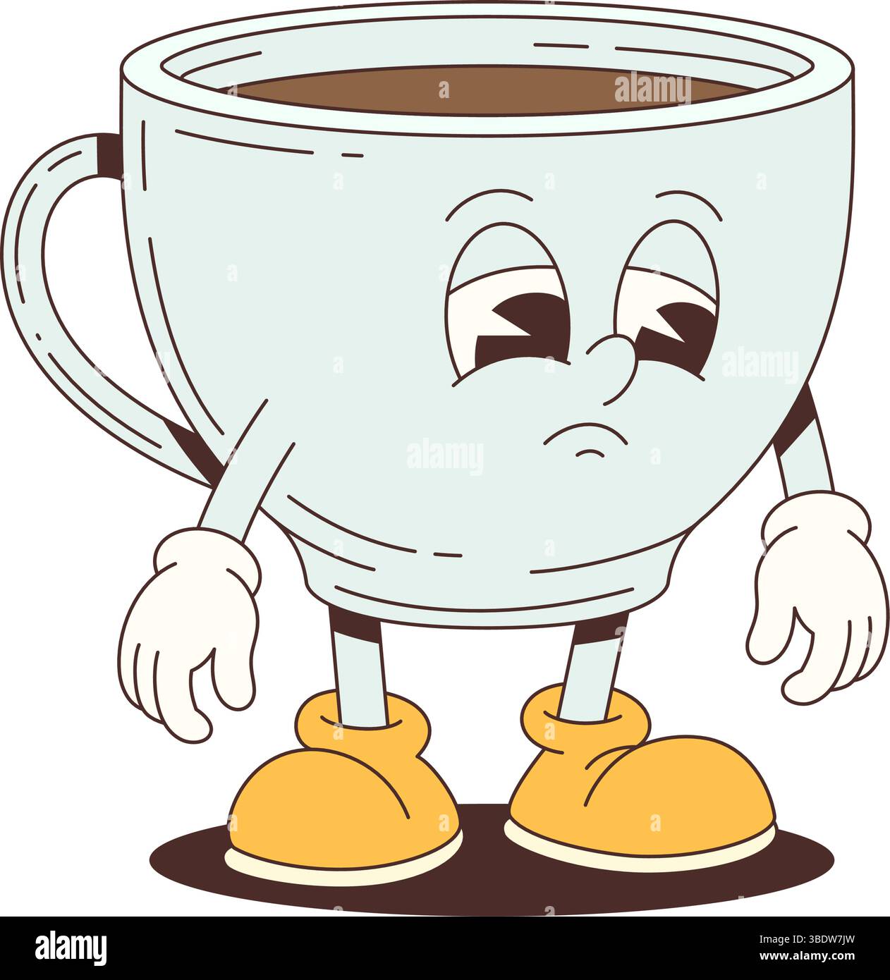 Cartoon-Maskottchen einer traurigen Kaffeetasse mit ausdrucksstarkem Gesicht, brauner Flüssigkeit und gelben Schuhen. Ideal für Konzepte im Zusammenhang mit Müdigkeit, Energie oder frühzeitigem More Stock Vektor
