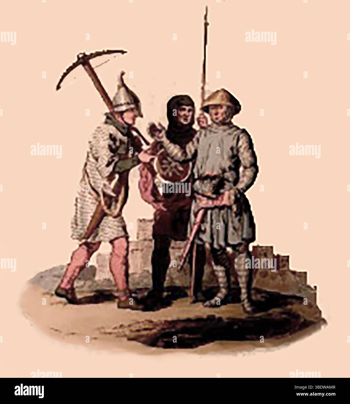 Eine Gruppe britischer Soldaten aus der Zeit König Heinrichs III. (28. Oktober 1216 bis 16. November 1272). Er war auch als Heinrich von Winchester bekannt und diente als König von England, Lord von Irland und Duke of Aquitaine Stockfoto