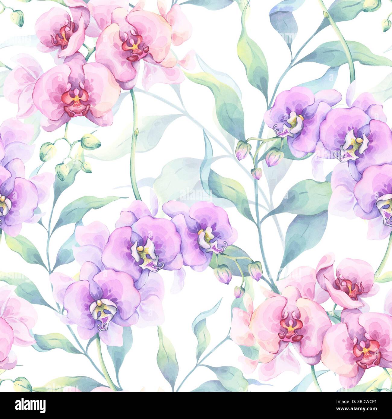 Nahtloses Muster mit Orchideenaquarell. Handgezeichnete Illustration von rosa und lila tropischen Blumen und üppigem grünem Laub. Perfekt für Stoffdrucke Stockfoto