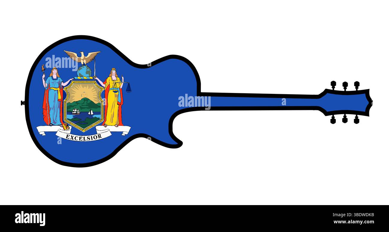 Traditionelle Silhouetten in Gitarrenform isoliert auf weißem Hintergrund mit der New Yorker Staatsflagge Stockfoto