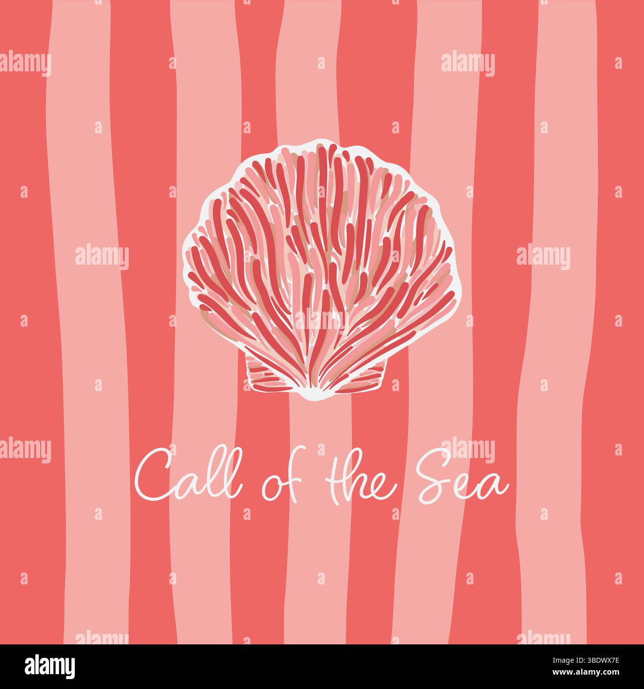 Abstrakte Illustration einer rosafarbenen Muschel auf einem gestreiften Korallendesign, die eine moderne, vom Meer inspirierte Ästhetik mit dem Text Call of the Sea schafft Stock Vektor