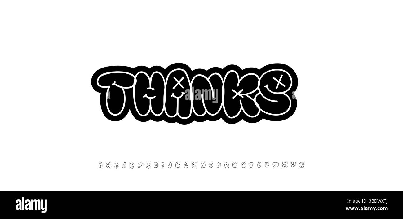 Vielen Dank an die Abonnenten, kreativer Dankestext im Graffiti-Blasenstil. Fröhliche bunte Stadttypografie für Grußkarte, Logo, Überschrift Stock Vektor