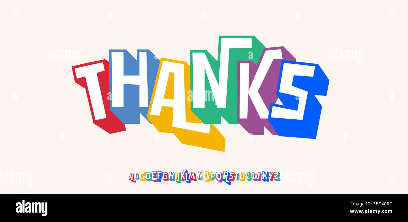 Vielen Dank an die Abonnenten, kreativer Dankestext im auffälligen, farbenfrohen Blockstil. Fröhlich verspielte Typografie für Grußkarte, Logo, Überschrift, Spaß Stock Vektor