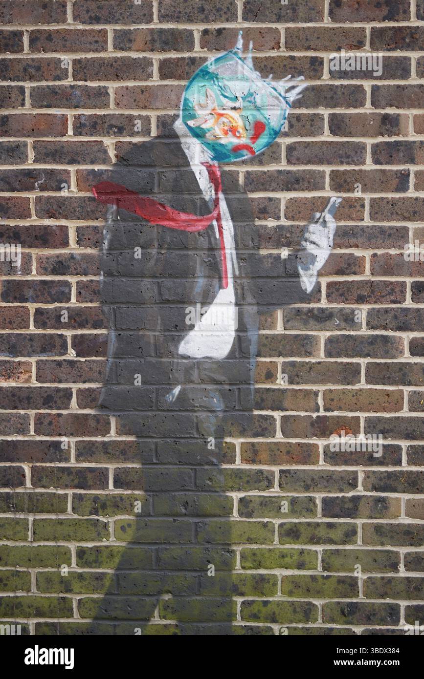 Surreale Wandkunst mit einer Person mit Fischschüsselkopf auf Ziegelwand. Chichester, Großbritannien Stockfoto