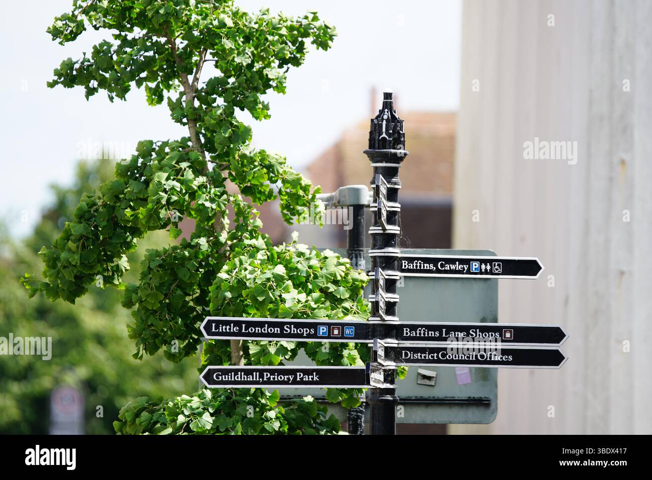 Wegweiser in einer malerischen Stadt inmitten von üppigem Grün. Chichester, Großbritannien Stockfoto
