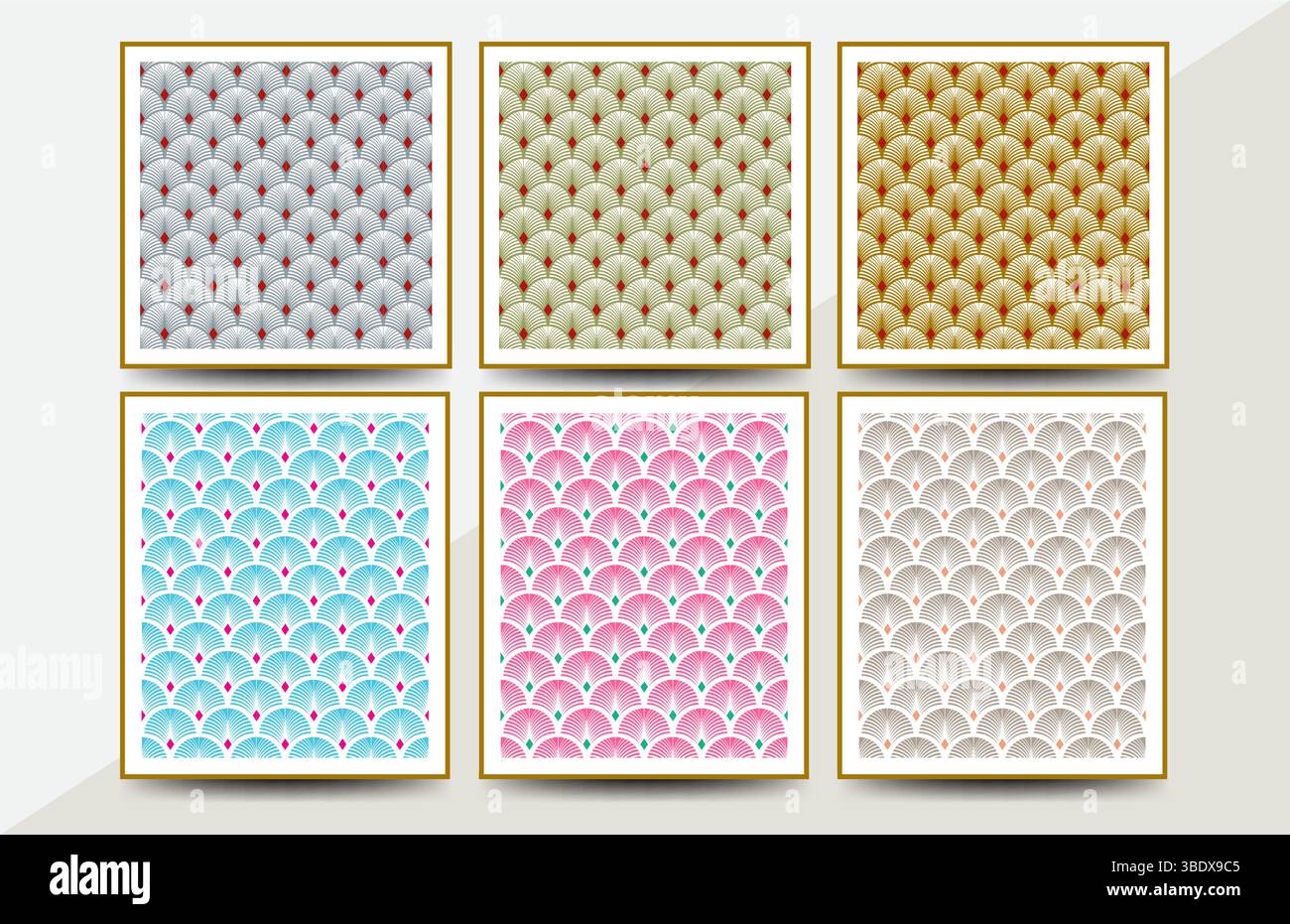 6er-Pack mit Muschelmustern im japanischen Stil mit dezenten Texturen und weichen Farben. Ideal für Papier-, Verpackungs- oder Stoffdesign Stock Vektor
