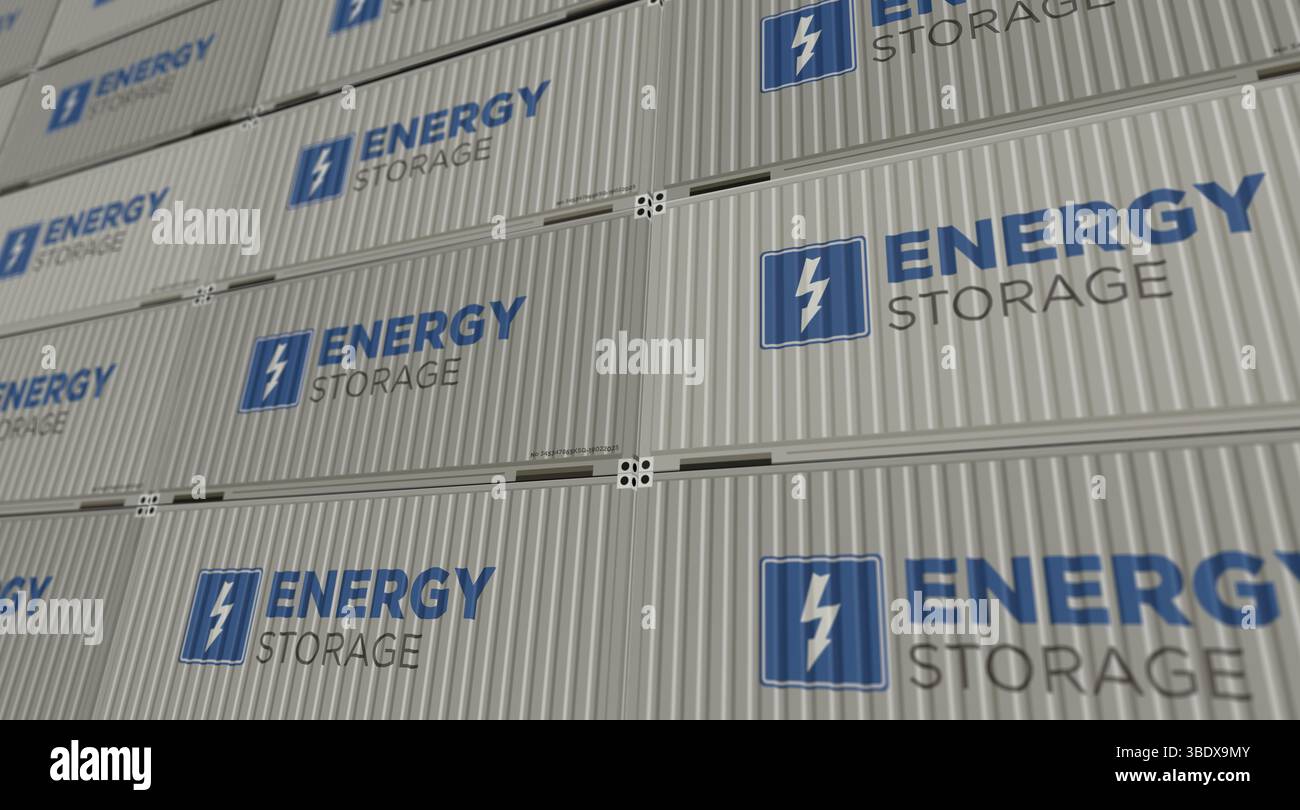 Energiespeicher-Frachtcontainer im ROW-Geschäftskonzept. Industrielle Versandbox für Batteriestation 3D-Abbildung. Stockfoto