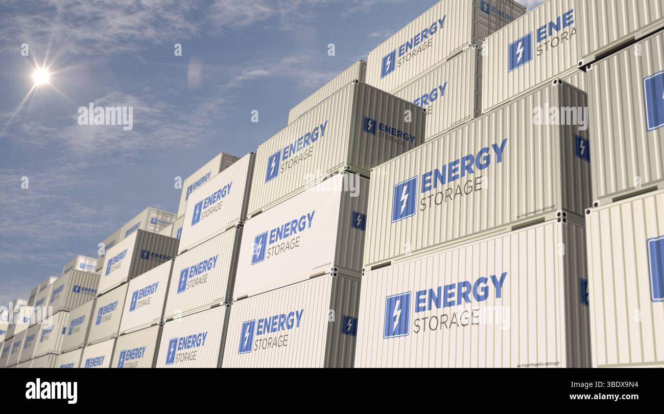 Energiespeicher-Frachtcontainer im ROW-Geschäftskonzept. Industrielle Versandbox für Batteriestation 3D-Abbildung. Stockfoto