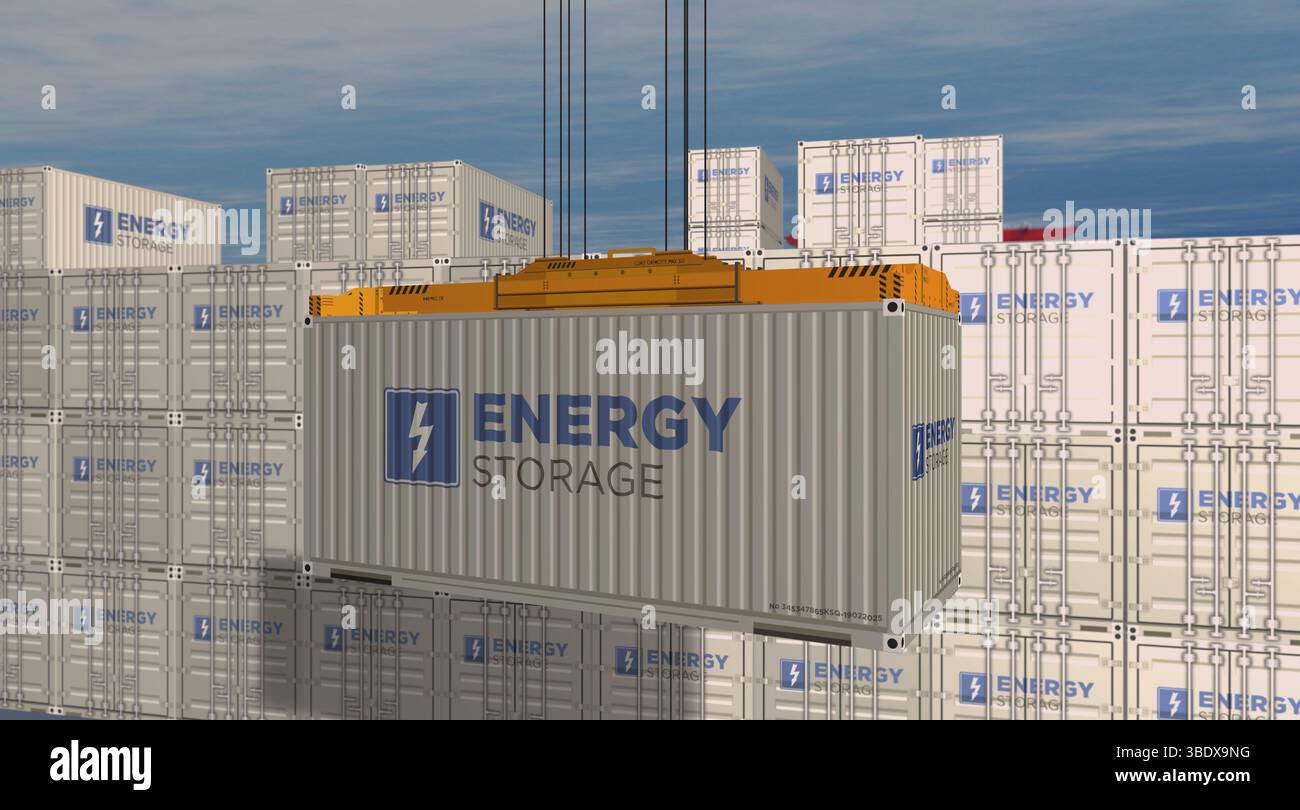 Energiespeicher Container Frachtkran. Geschäftskonzept von Transport, Verladung und Versand mit einer Abbildung der Batteriestation. Stockfoto