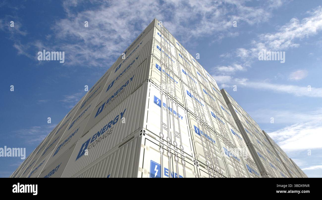 Energiespeicher-Frachtcontainer im ROW-Geschäftskonzept. Industrielle Versandbox für Batteriestation 3D-Abbildung. Stockfoto