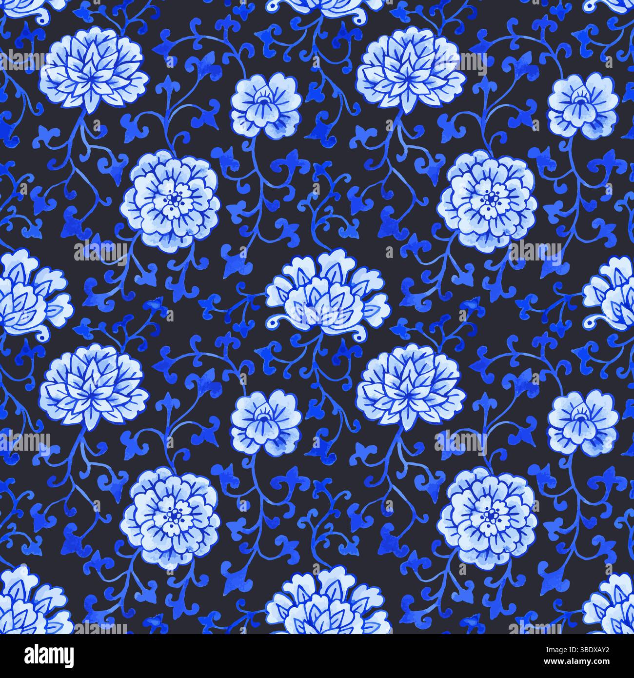 Nahtloses Chinoiserie-Muster im monochromen blauen Aquarellstil Stock Vektor