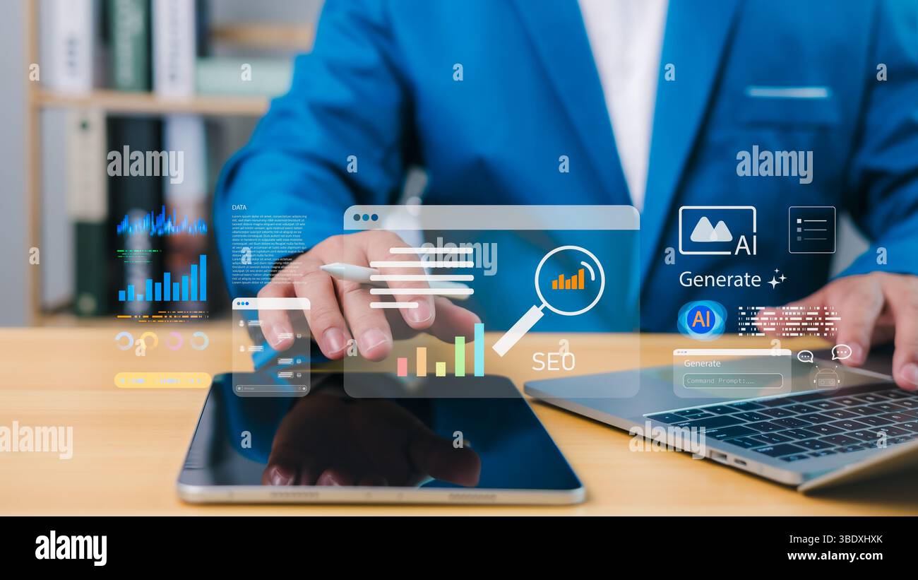 Geschäftsmann, der mit Computer und KI-Assistenten an der SEO-Strategie arbeitet, die Website-Performance optimiert, das Suchmaschinenranking verbessert und DIG verbessert Stockfoto