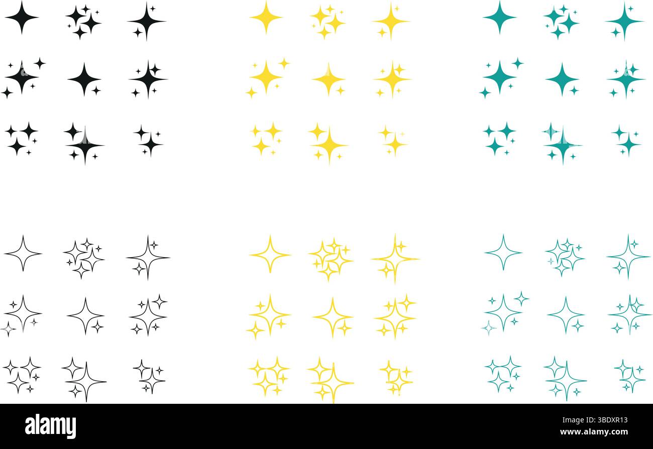 Stars-Kollektion. Sternvektorsymbole. Goldenes und schwarzes Set von Sternen, isoliert auf weißem Hintergrund. Sternsymbol. Sterne in modernem, schlichtem flachen Stil Stock Vektor