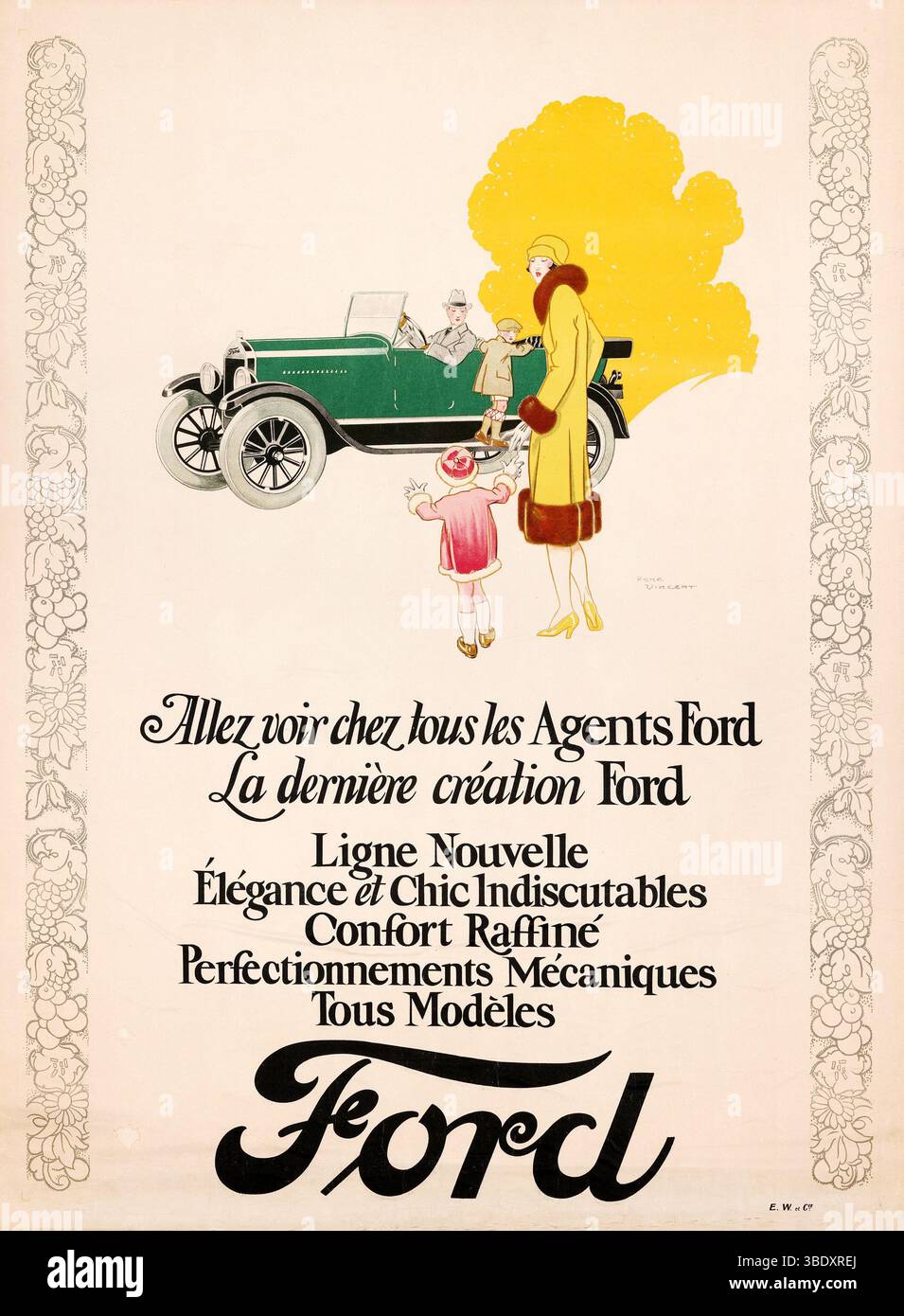 Ford-Poster (1920er Jahre) französisches Werbeplakat - Rene Vincent (1879-1936) Kunstwerk Stockfoto