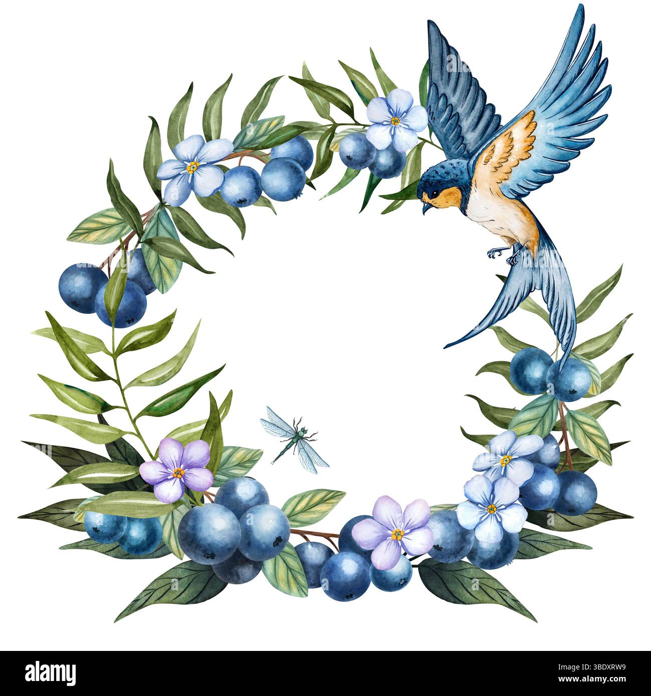 Aquarellkranz mit Schwalbe, Heidelbeeren, Ästen und Libelle Stockfoto