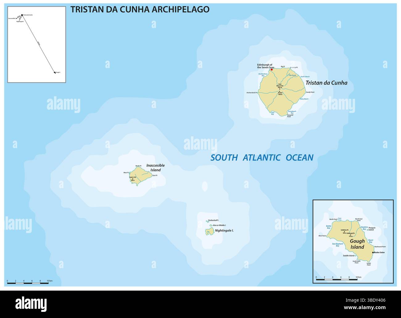 Karte des Tristan da Cunha Archipels, britisches Überseegebiet Stockfoto