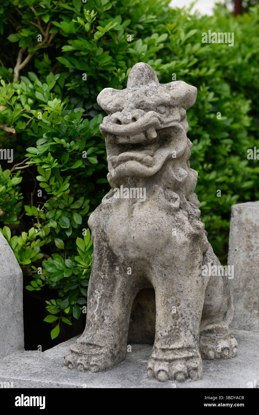 Shisa-Löwenstatue, um das Haus vor den bösen Geistern zu schützen, Yaeyama-Inseln, Taketomi-Inseln, Japan, Asien. Stockfoto