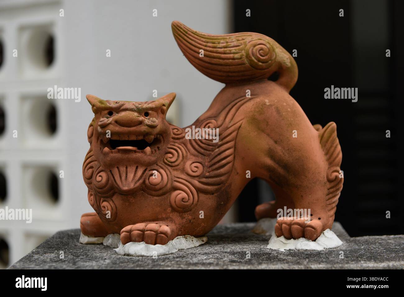 Shisa-Löwenstatue, um das Haus vor den bösen Geistern zu schützen, Yaeyama-Inseln, Taketomi-Inseln, Japan, Asien. Stockfoto