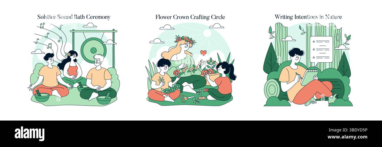 Vektor-Illustration, die eine Gruppe zeigt, die während eines Sonnenwende-Schallbades meditiert, Blumenkronen herstellt und Intentionen in der Natur schreibt. Emotionen der Ruhe, Kreativität und Achtsamkeit werden dargestellt. Stock Vektor