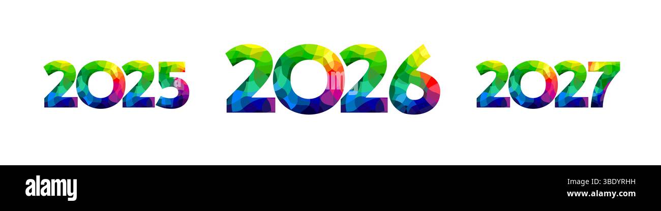 Kreative Symbole von 2025, 2026 und 2027 im geometrischen, farbenfrohen Stil. Herzlichen Glückwunsch zum neuen Jahr, neues Logo für das Geschäftsjahr. Blau, grün rot Stock Vektor