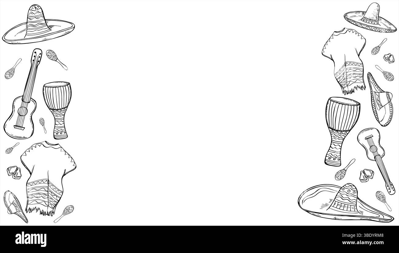 Lateinamerikanischer und südamerikanischer Nationalstoff und Musikinstrumente monochrome Vektorgrenze. Poncho, Sombrero, Maracas, Djembe und Gitarrenillustration Stock Vektor