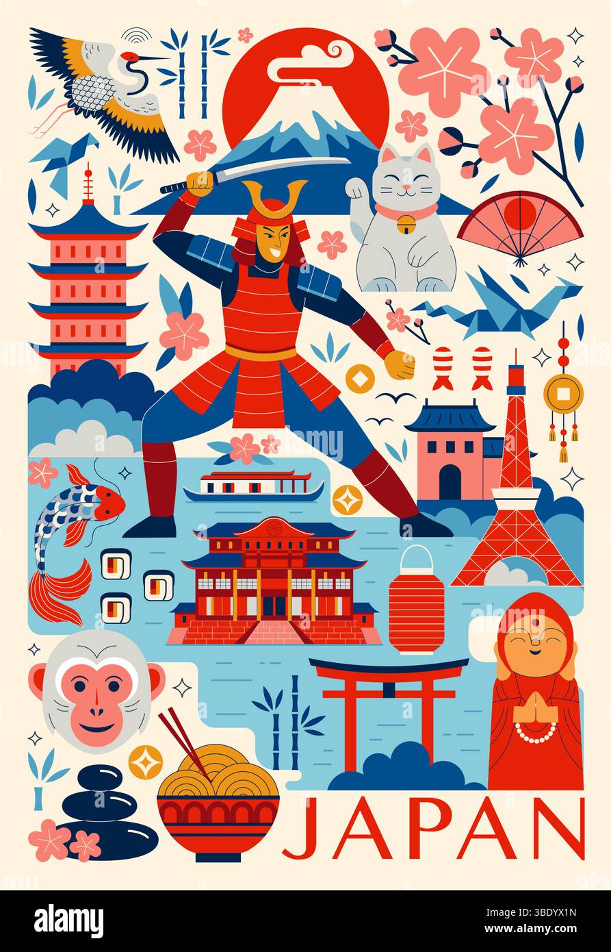 Japan-Reiseposter mit Symbolen und Wahrzeichen Stock Vektor