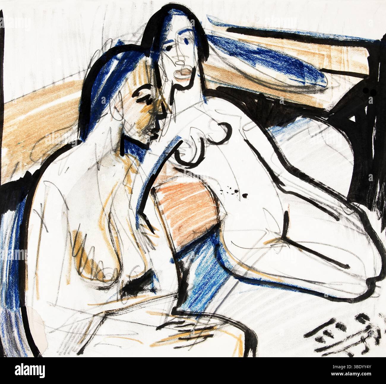 Kirchners detailgetreue Zeichnung fängt zwei Frauen in einem Künstleratelier ein und hebt emotionale Tiefe und rohe, kantige Formen im Stil der Brücke hervor. Stockfoto