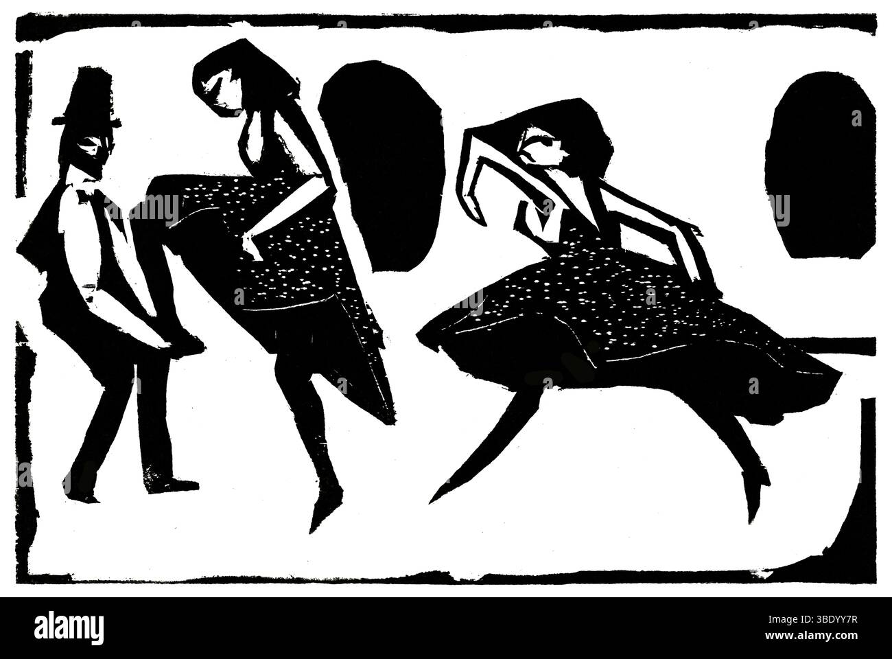 Akrobatischer Tanz von Ernst Ludwig Kirchner - deutscher expressionistischer Druck in hoher Auflösung, dynamische modernistische Figuren in Bewegung, kühne Holzschnittlinien, Stockfoto