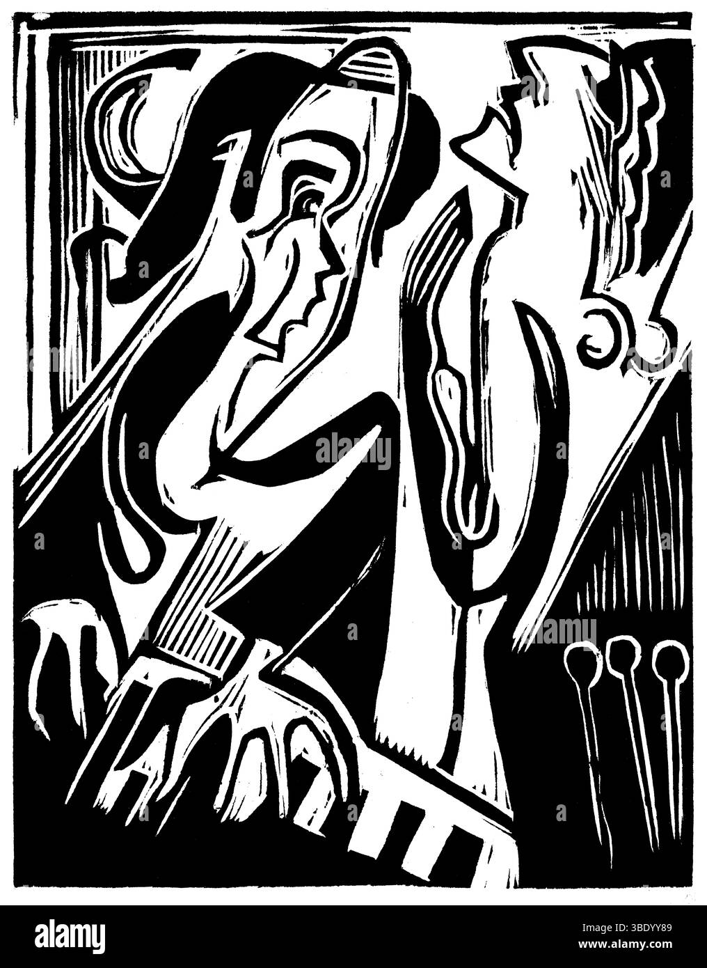 Kirchners roher Holzschnitt zeigt Pianisten und Sänger in dynamischem Zusammenspiel und drückt Emotionen und Rhythmen in auffälligen Linien und Formen im Stil der Brücke aus. Stockfoto