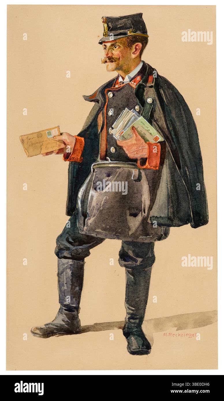 Ein uniformierter Postmann, Vintage-Gemälde des österreichischen Anton Reckziegel, um 1920er Jahre Stockfoto Ein uniformierter Postmann, Vintage-Gemälde des österreichischen Anton Reckziegel, um 1920er Jahre Stockfoto