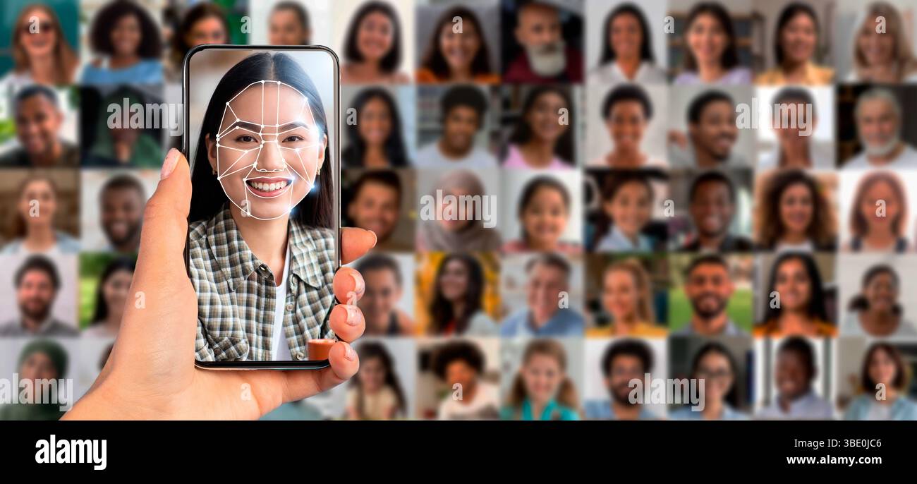 Moderne Gesichtserkennungstechnologie auf dem Smartphone-Bildschirm Stockfoto