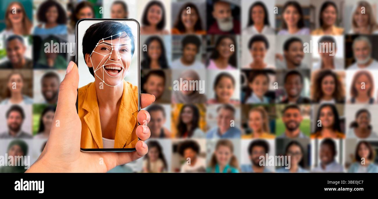 Entdecken Sie die Gesichtserkennung von Smartphones in einer Collage aus Porträts Stockfoto