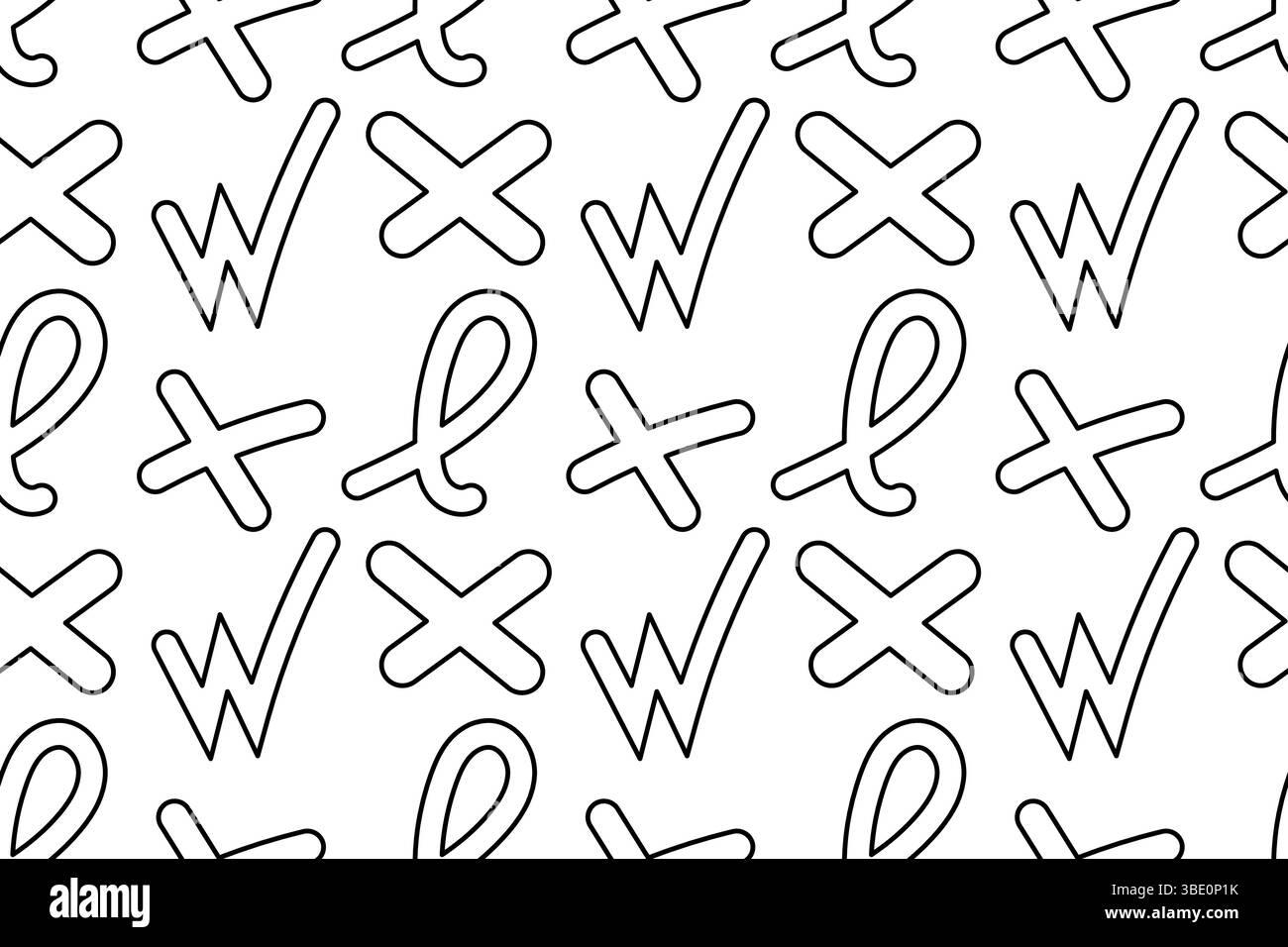 Nahtloses Vektormuster. Ausmalseite mit abstrakten Kritzeleien geometrische Formen wie W-Symbole und Kreuze. Für die Unterhaltung von Kindern, schwarz-weiß-Design Stock Vektor