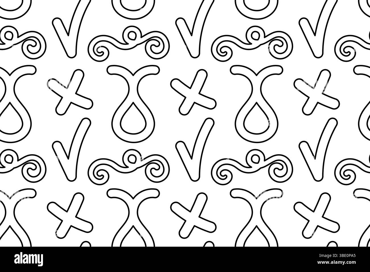 Nahtloses Muster, Ausmalseite mit abstrakten Kritzelungen geometrischer Formen wie Häkchen, Kreuz und Wirbel. Für die Unterhaltung von Kindern, schwarz-weiß-Design Stock Vektor