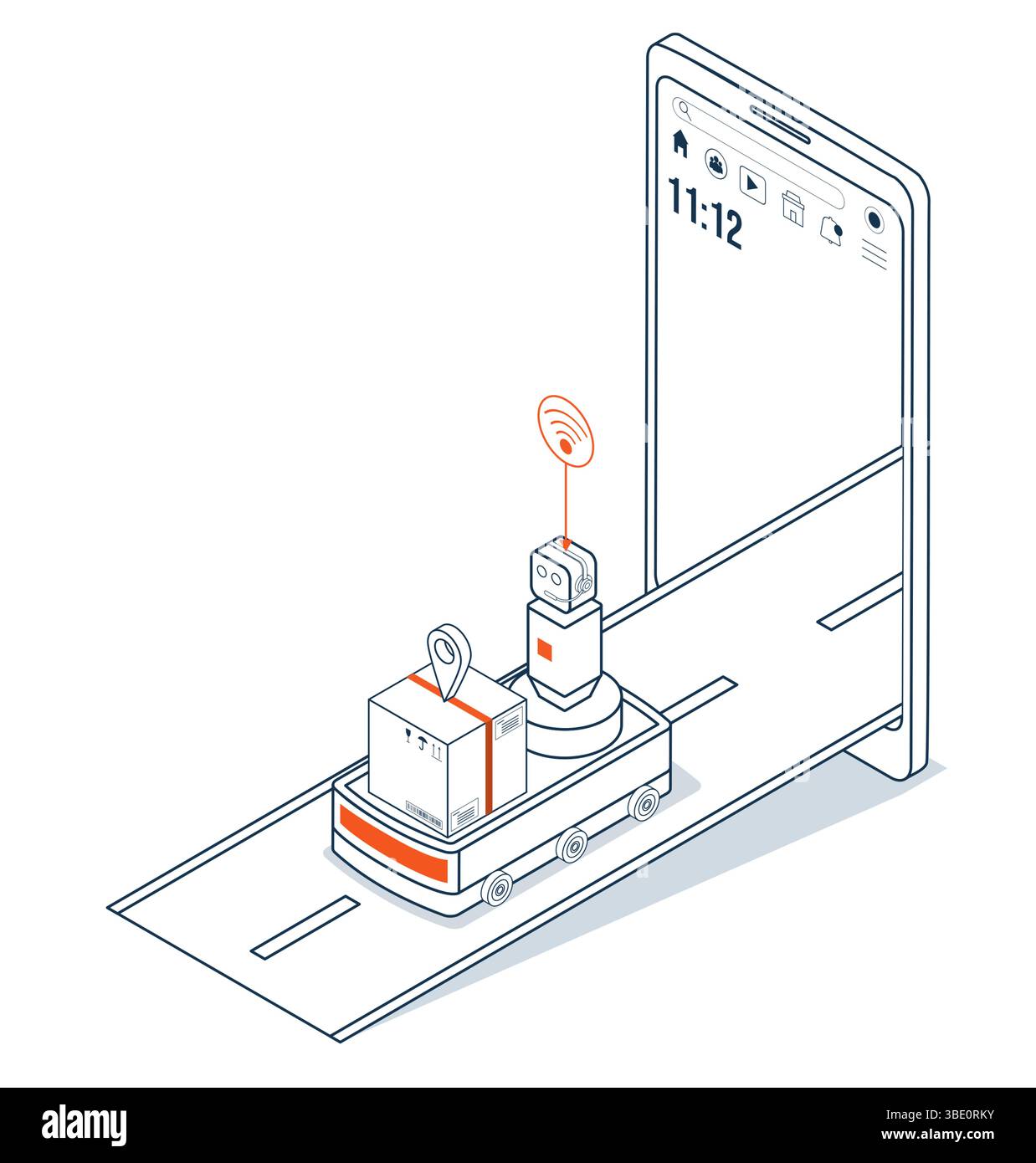 Lieferroboter sind autonome Roboter für die effiziente Lieferung von „Last Mile“-Paketen und Lebensmitteln. Konzept der Bereitstellungstechnologie. Vektorabbildung eps10 Stock Vektor