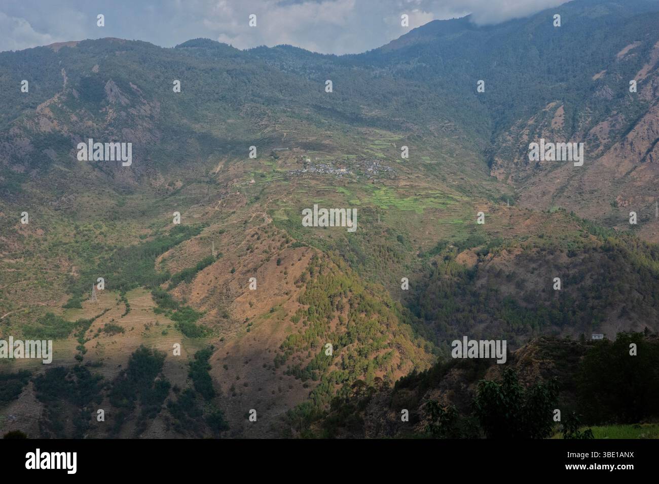 Blick auf das Dorf Thuman, Tamang Heritage Trail, Thuman, Nepal Stockfoto