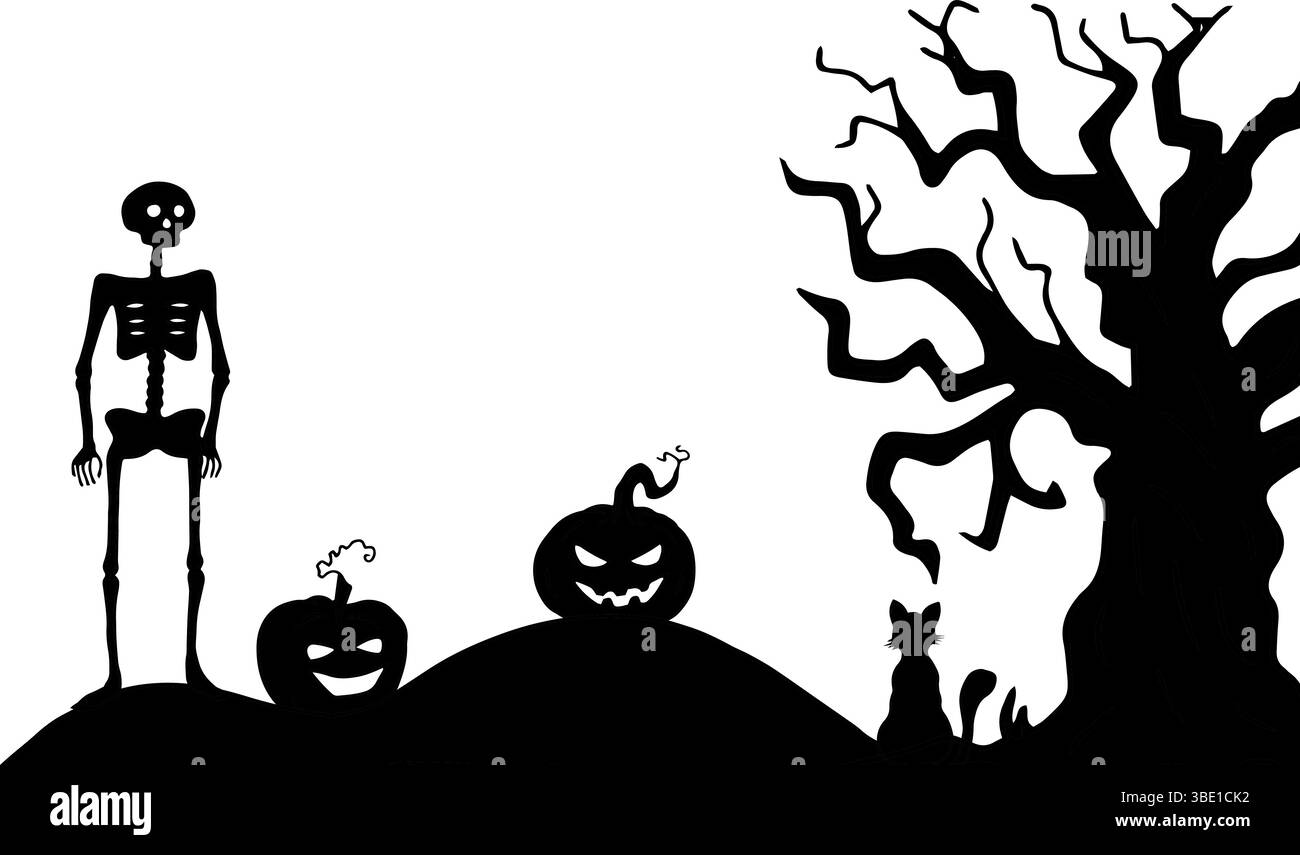 Silhouette eines Skeletts auf einem Hügel neben Kürbissen und einem Baum mit einer Katze. Halloween horizontaler Rahmen. Grafische Abbildung, Doodle. Von Hand gezeichnete Linie Stock Vektor