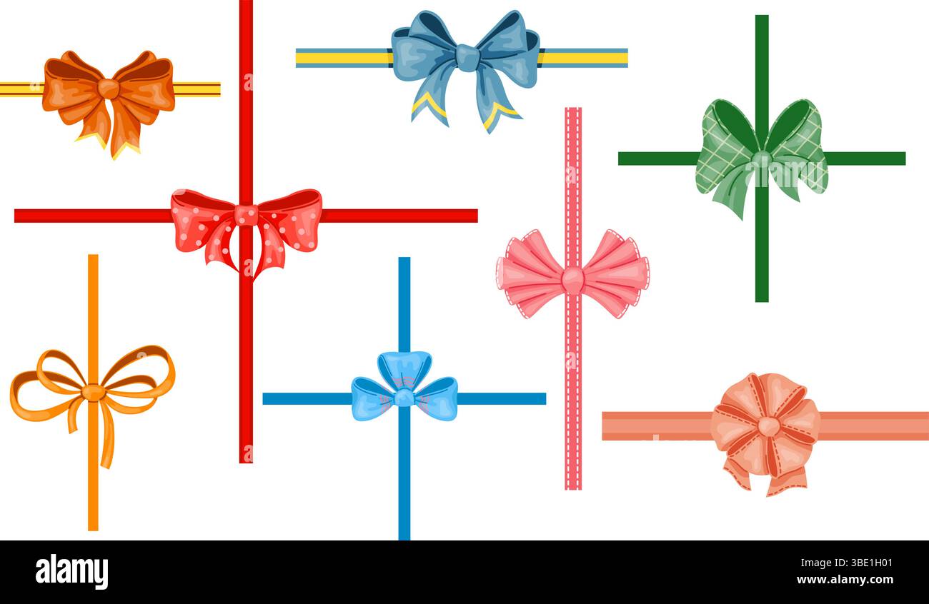 Mehrfarbige Weihnachtsschleifen mit Bändern auf weißem Hintergrund. Binden von Feiertagskästen. Geburtstagsfeier Geschenke. Seidenbänder zum Locken. Hochzeitsverpackung Stock Vektor