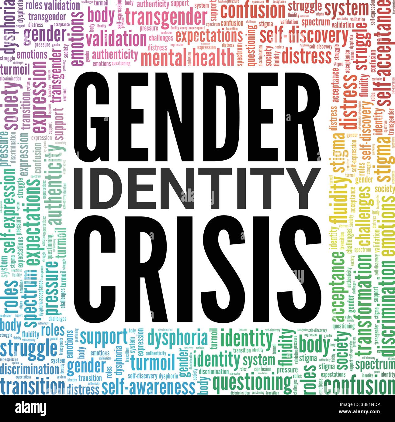 Gender Identity Crisis Word Cloud Konzeptdesign isoliert auf weißem Hintergrund. Stock Vektor