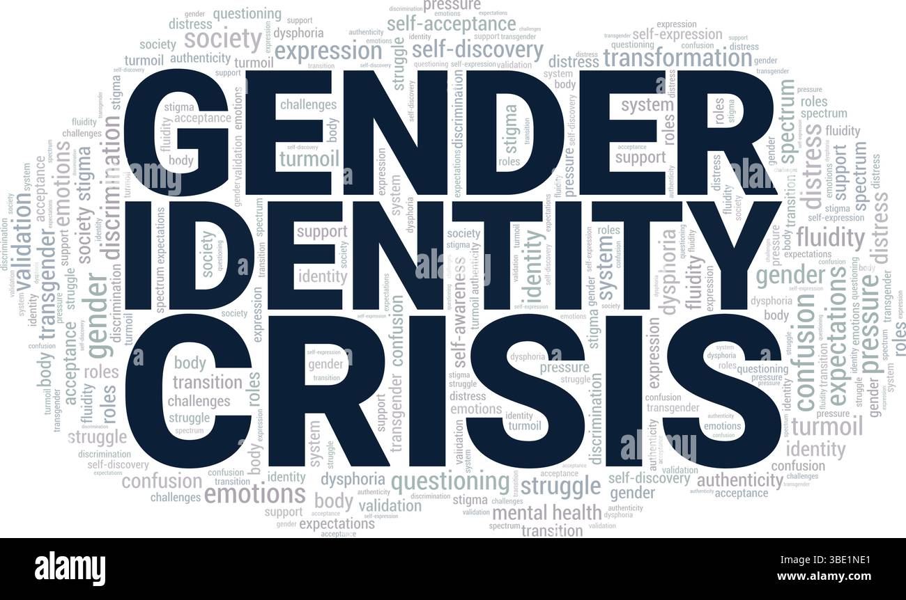Gender Identity Crisis Word Cloud Konzeptdesign isoliert auf weißem Hintergrund. Stock Vektor