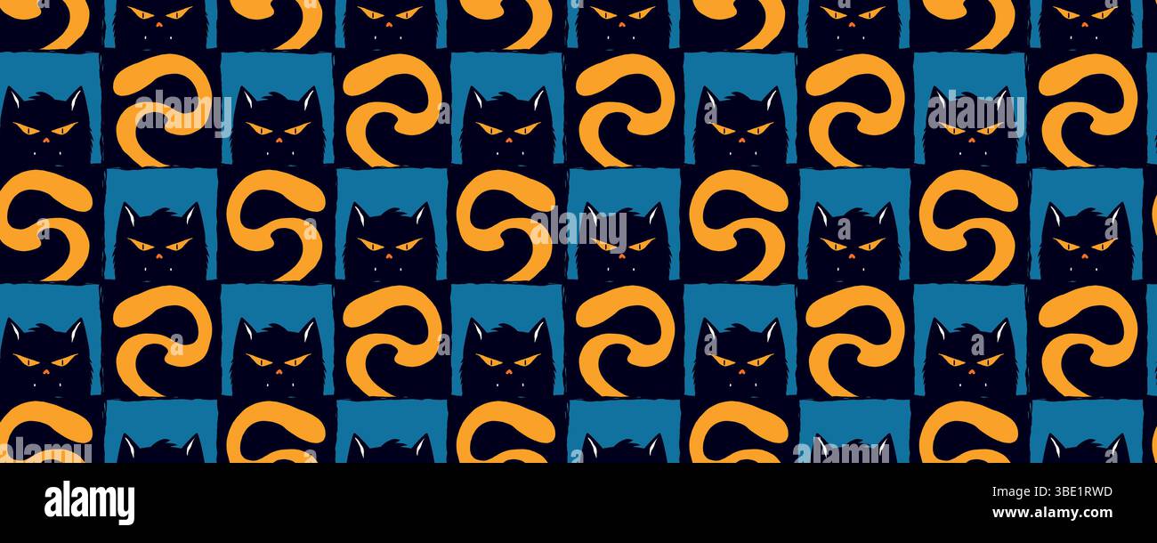 Halloween nahtloses Muster mit schwarzen Katzen und Orangenschlangenformen auf schwarzen Quadraten. Mystischer und stimmungsvoller Fliesenhintergrund mit gruseligen katzenartigen Gesichtern und Stock Vektor