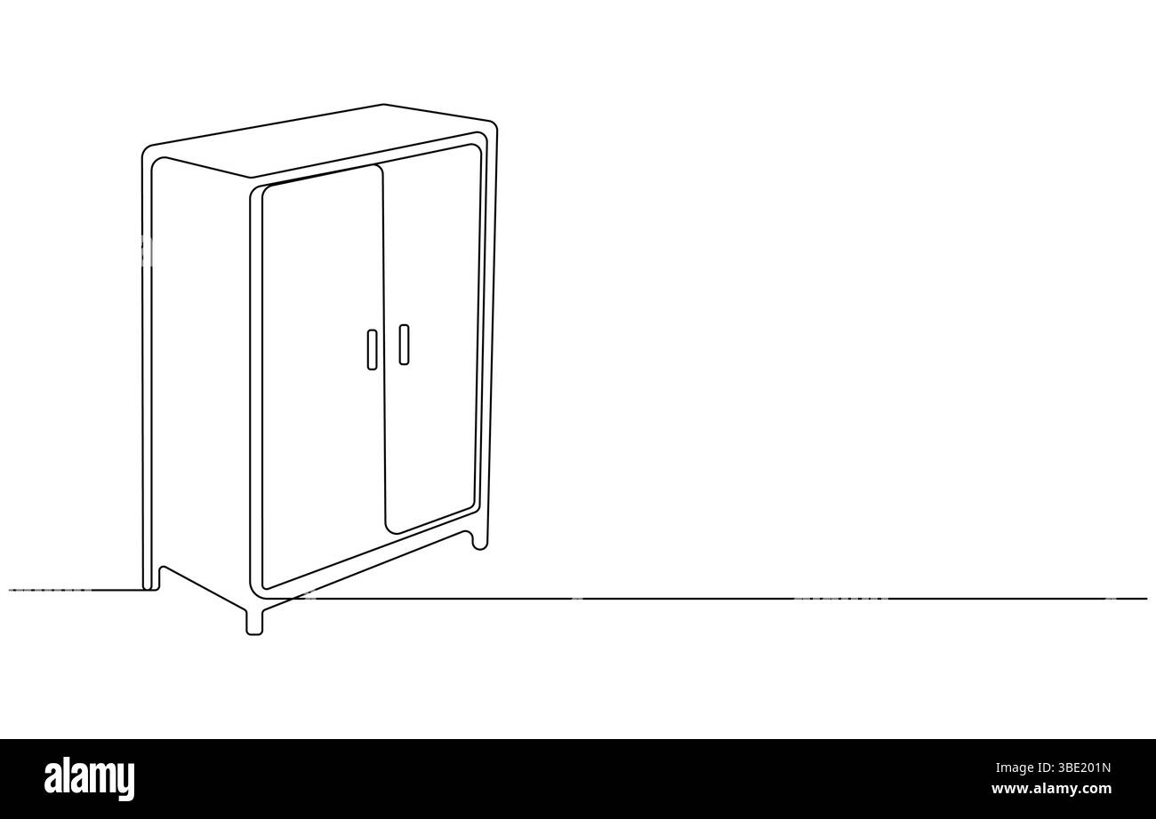 Kleiderschrank oder Schrank mit Regalen. Einzeilige Zeichnung Design Vektor grafische Illustration, flache Garderobe Illustration in einer Vektorlinie gezeichnet. Eine Zeile Stock Vektor